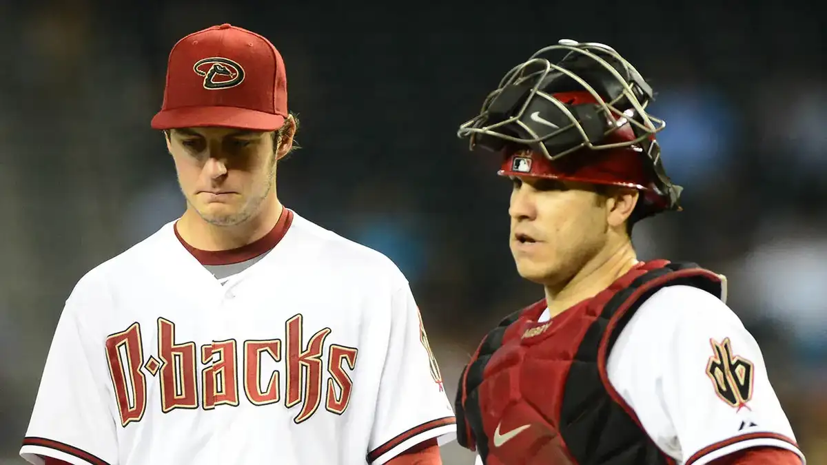 Arizona Diamondbacks pitcher Trevor Bauer and catcher Miguel Montero on the field at Chase Field