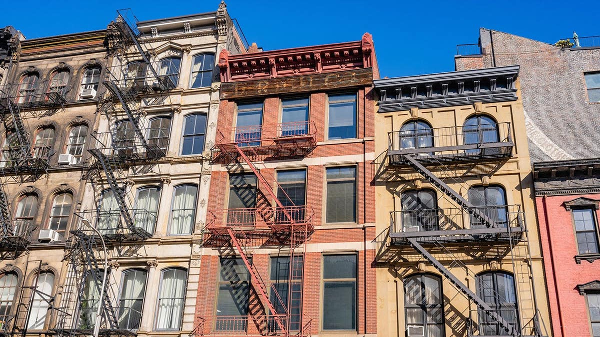 Low angle view of New York City apartment buildings in Tribeca neighborhood