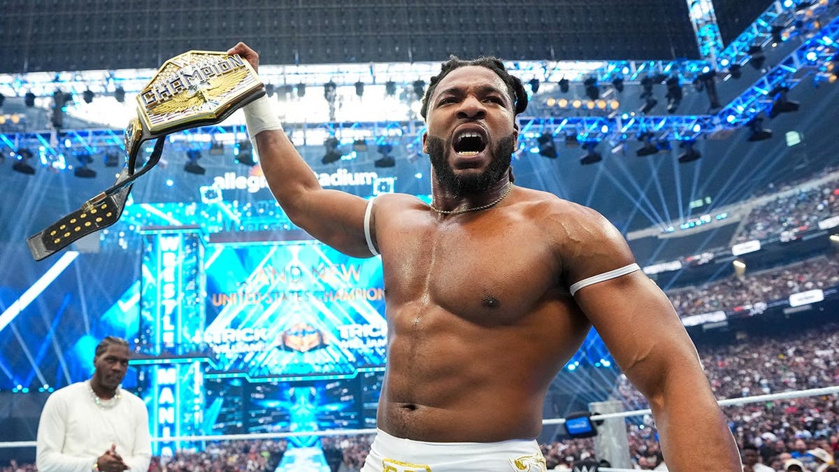 Trick Williams celebrating during WrestleMania 42 at Allegiant Stadium in Las Vegas