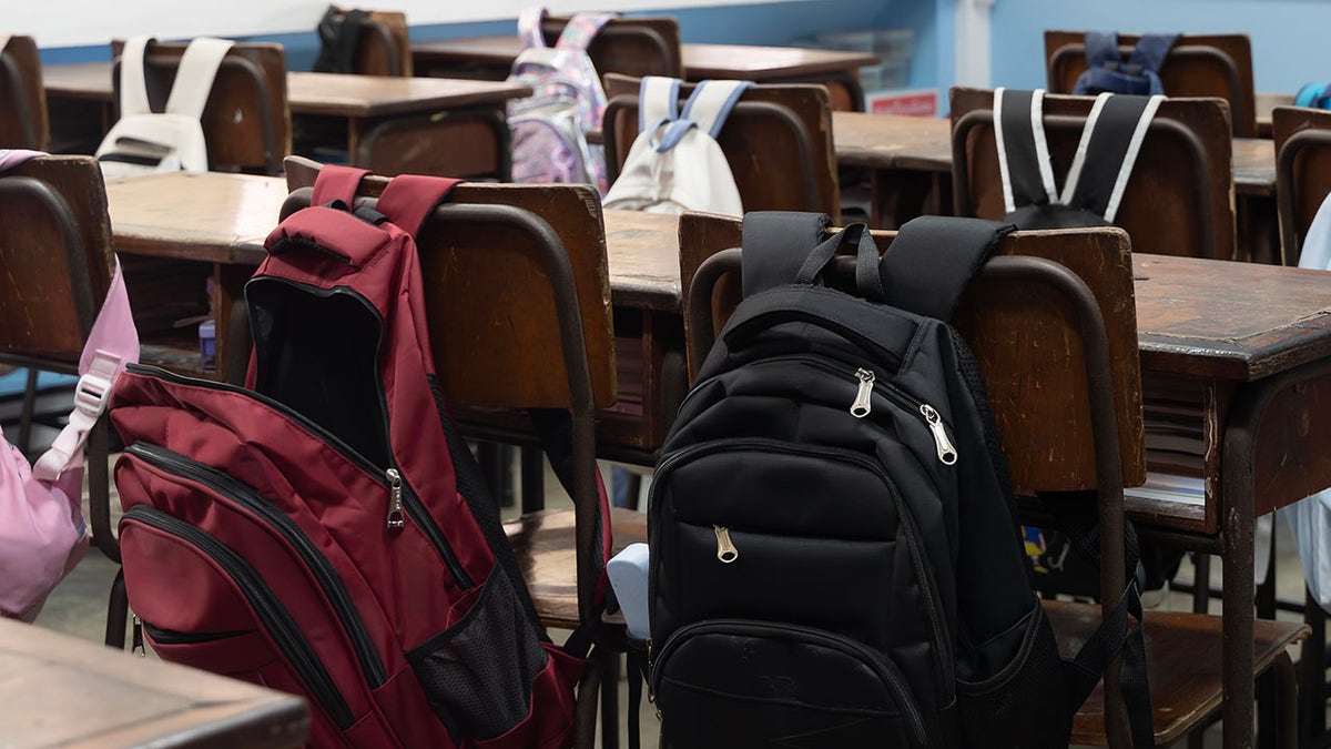 Interior of a school classroom with wooden desks, student backpacks hanging on chairs, blackboard and whiteboard at front, windows letting in bright natural sunlight, education and learning concept.