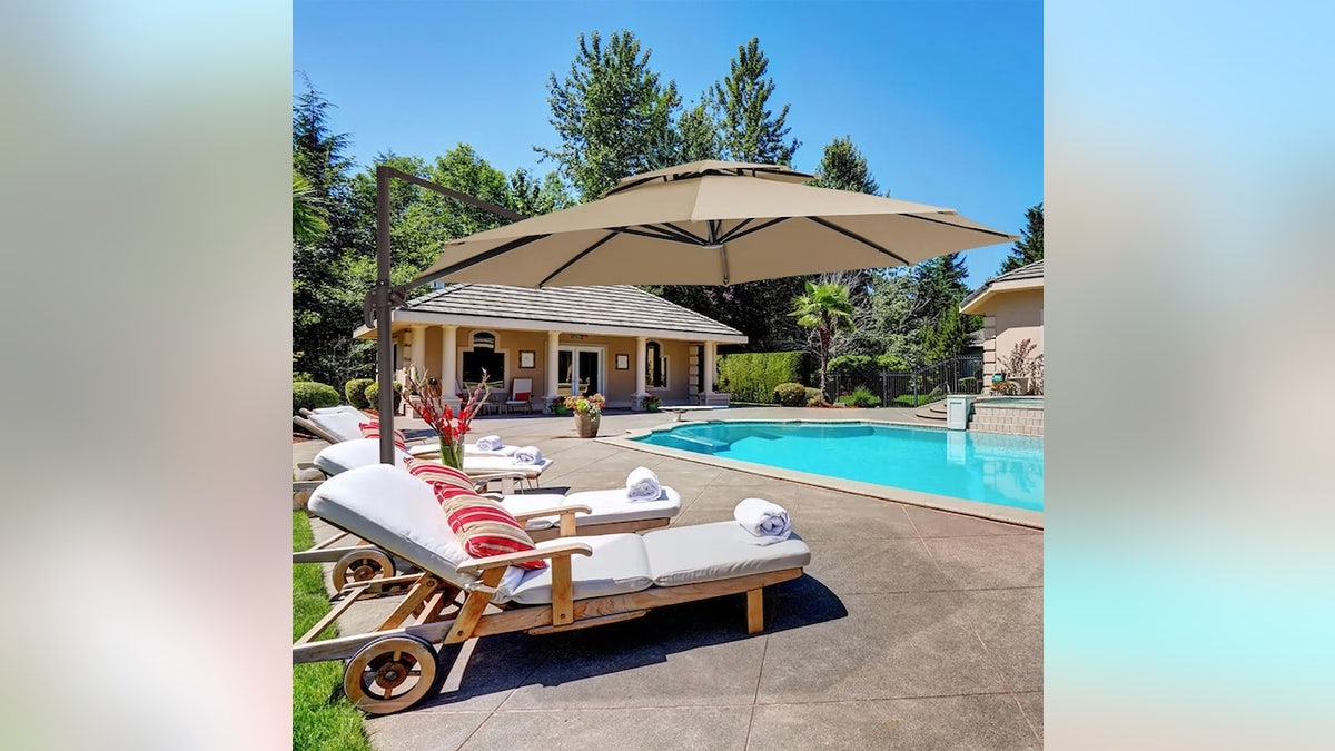 An extra-large umbrella protects you from the sun.