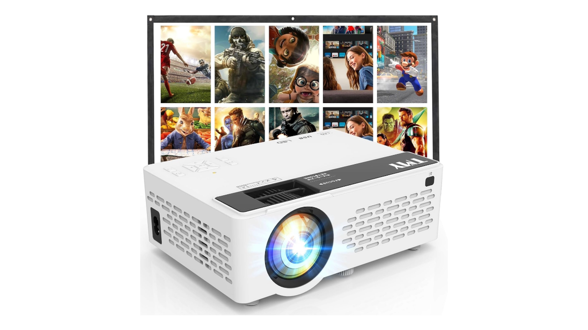 This portable projector comes with an 80-inch screen.