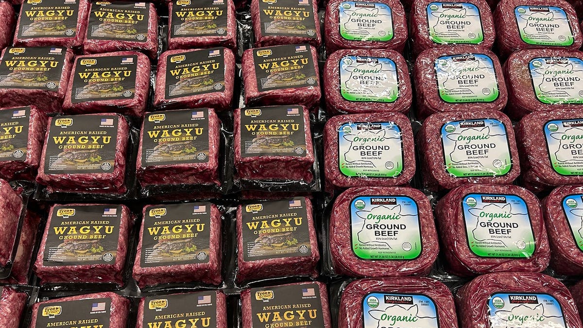 Wagyu ground beef and organic ground beef packages displayed in Costco megastore Queens New York