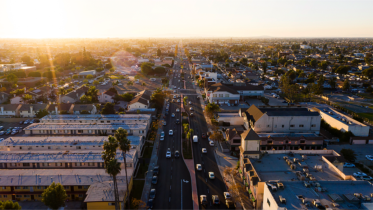 Sunset aerial view of the downtown district of Westminster, California, USA.