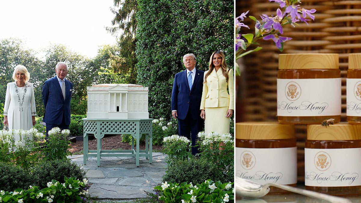 President Trump and Melania with the King and Queen next to the White House beehive.