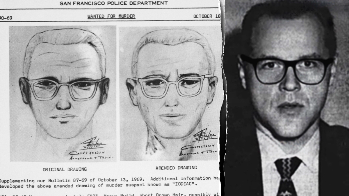 A split image showing sketches of the Zodiac killer and a portrait of Marvin Merrill