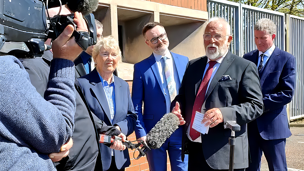 Pastor Clive Johnston outside Coleraine Magistrates Court in Northern Ireland after his trial for preaching John 3:16 near Causeway Hospital