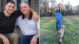 At left, Tim and Bob Tebow pose on steps with arms around each other. At right, Bob Tebow seen from behind ewalking through field with dog.