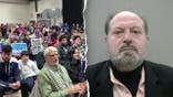 Split photo of supporters rally against Sarsour's detainment and Sarsour's booking photo