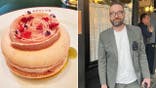 At left, macaron from Cafe Boulud. At right, Las Vegas sommelier Joshua Fyksen standing outside Shmone in NYC.