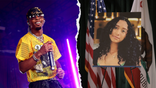 Left: D4vd performs at Coachella, right, an image of Celeste Rivas Hernandez presented at a new briefing to announce charges against her suspected killer, D4vd