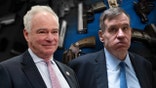 Democrat Sens. Tim Kaine and Mark Warner with a background of guns