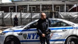 NYPD security outside synagogue in Brooklyn.