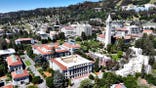 A drone captures an aerial view of the UC Berkeley campus in Berkeley, California.