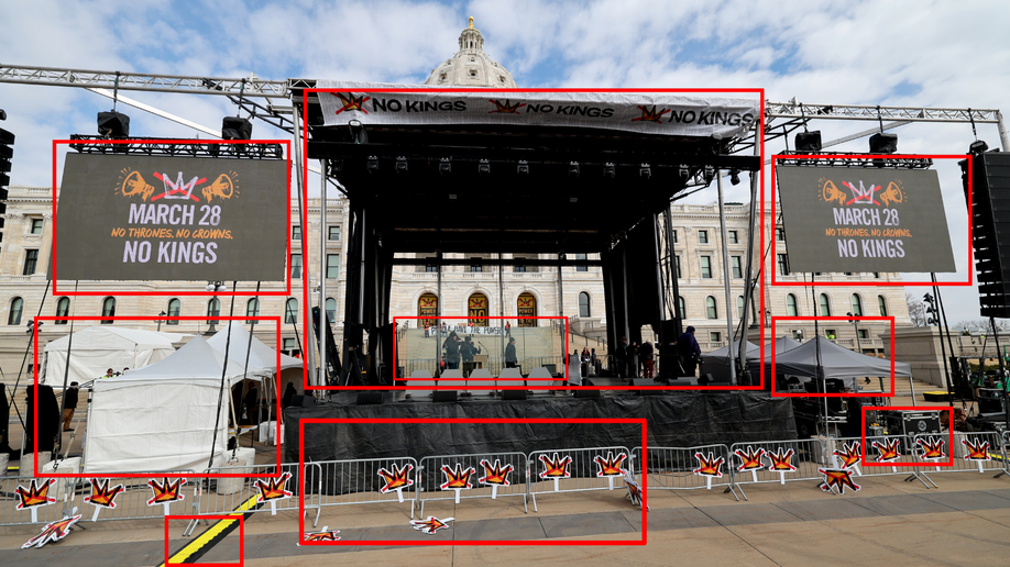 Professional vendors at the No Kings protest on March 28, 2026, in St. Paul, Minn.