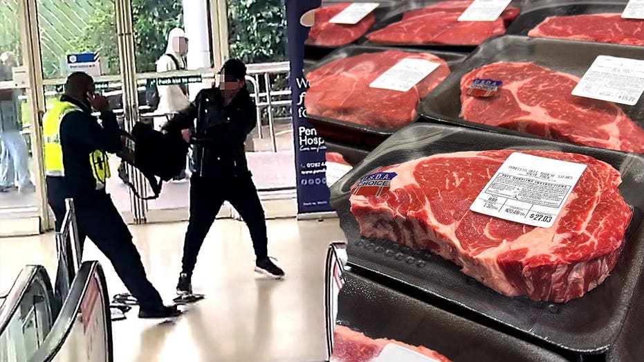 Shoplifter's beefy backpack rips open on escalator, sending dozens of steaks sprawling across floor