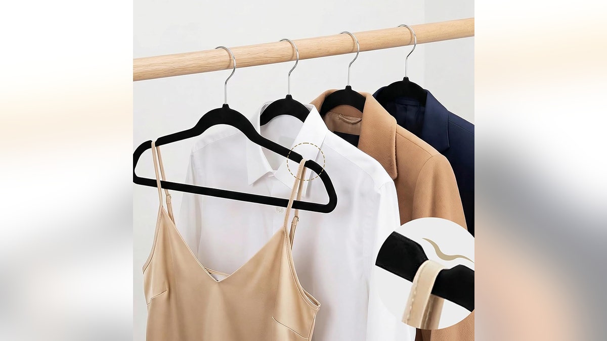 Velvet hangers keep clothes from falling.