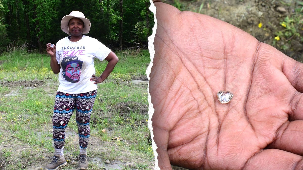 Split image of Keshia holding diamond, close-up of diamond in her hand