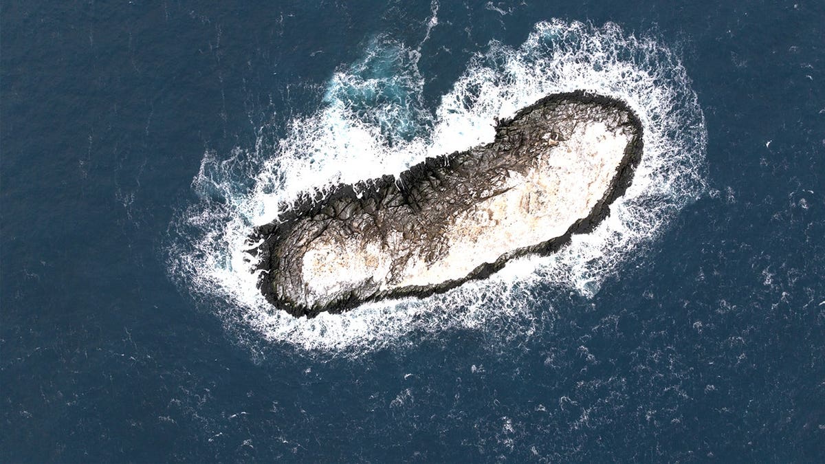 Aerial view of island with ice, surrounded by ocean