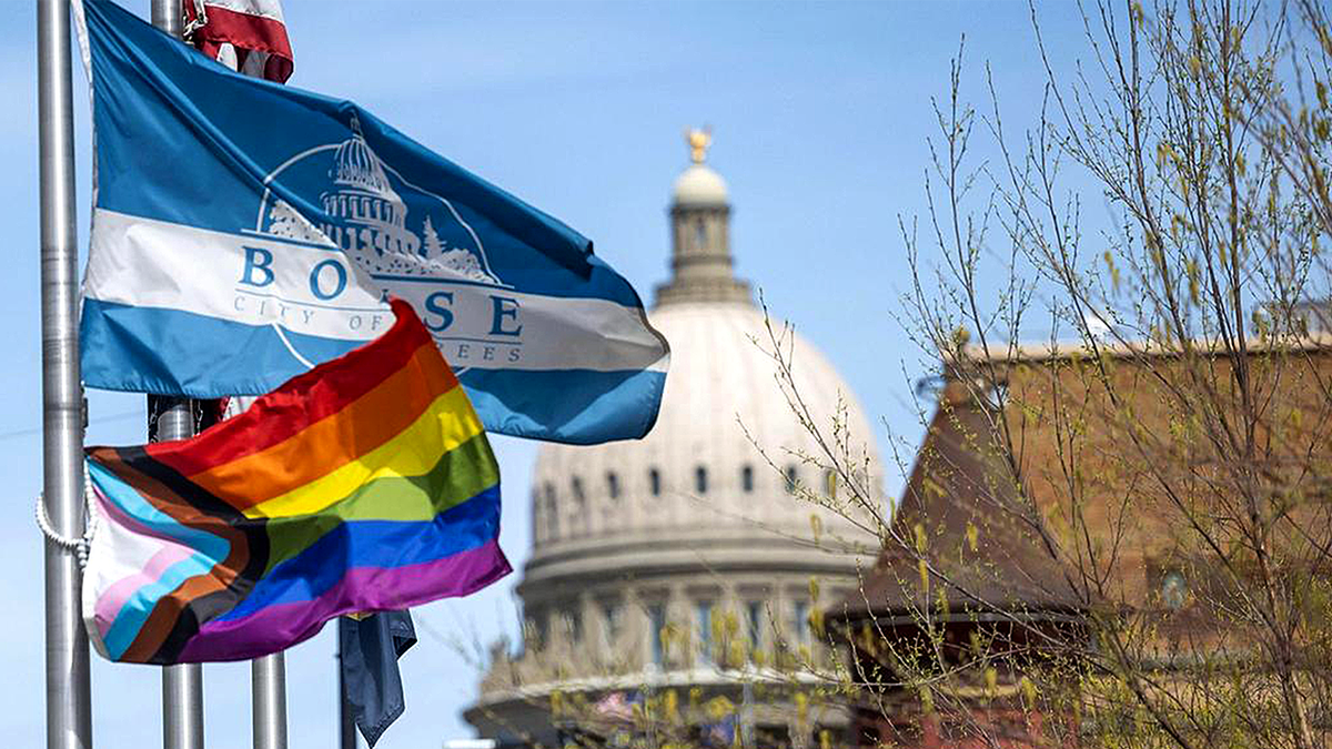 Boise capitol and LGBTQ pride flag