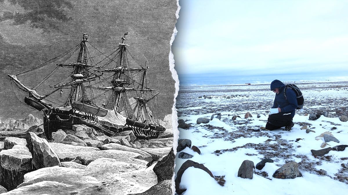 Split image of Franklin vessels stuck in ice, Stenton working at Arctic site