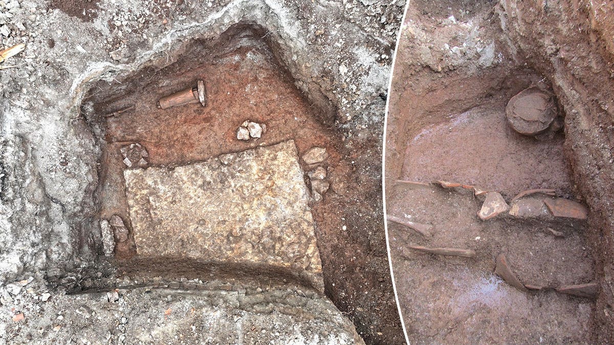 Split image of aerial view of excavation site, view of grave goods