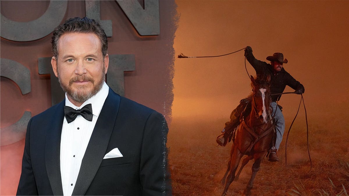 Cole Hauser in a tuxedo alongside a scene of his character Rip Wheeler riding a horse in 