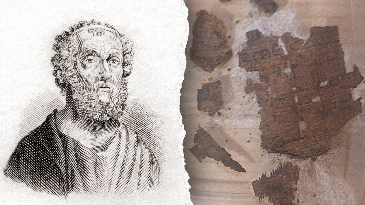 Split image of Homer portrait, fragment of papyrus found atop mummy