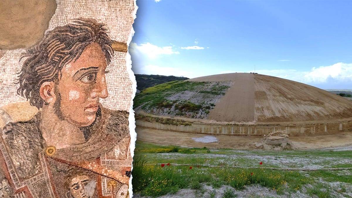 Split image of Alexander the Great mosaic, giant mound