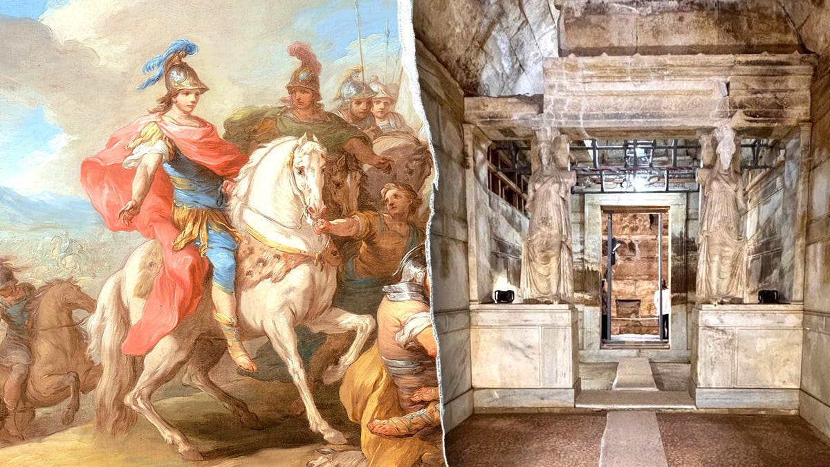 Split image of Alexander the Great painting, view of inside of monument
