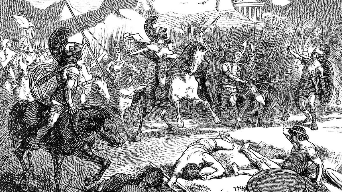Black and white drawing of Spartans in battle