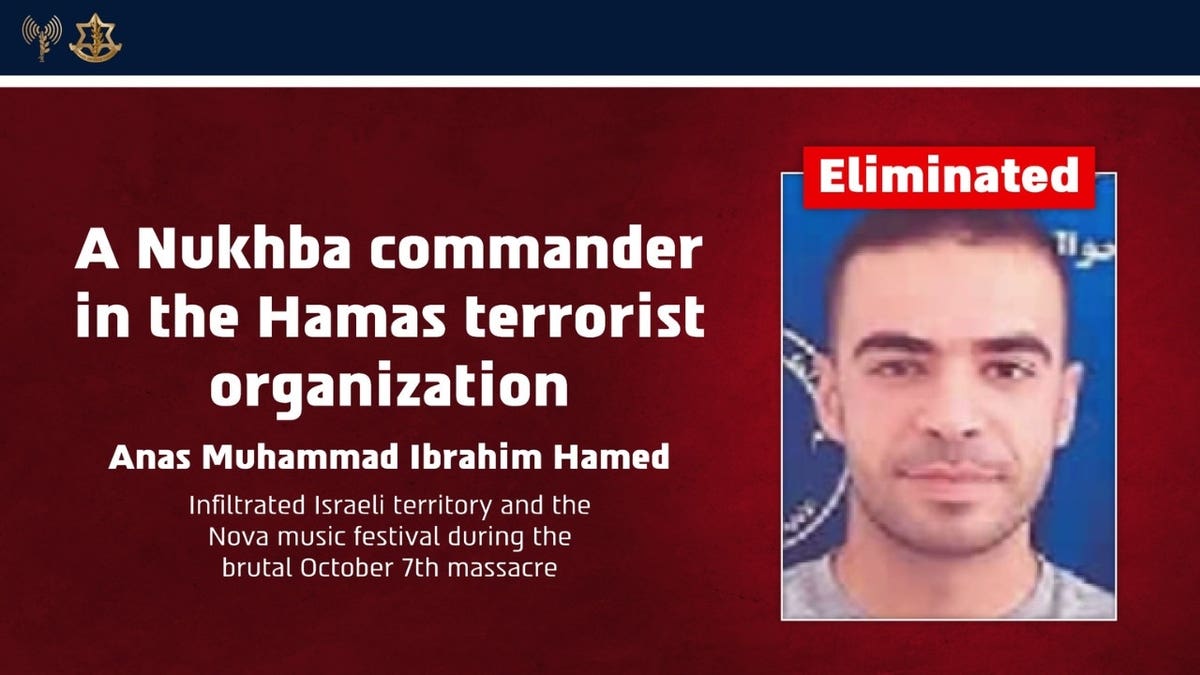 A red poster of Hamas Nukhba commander Anas Muhammad Ibrahim Hamed
