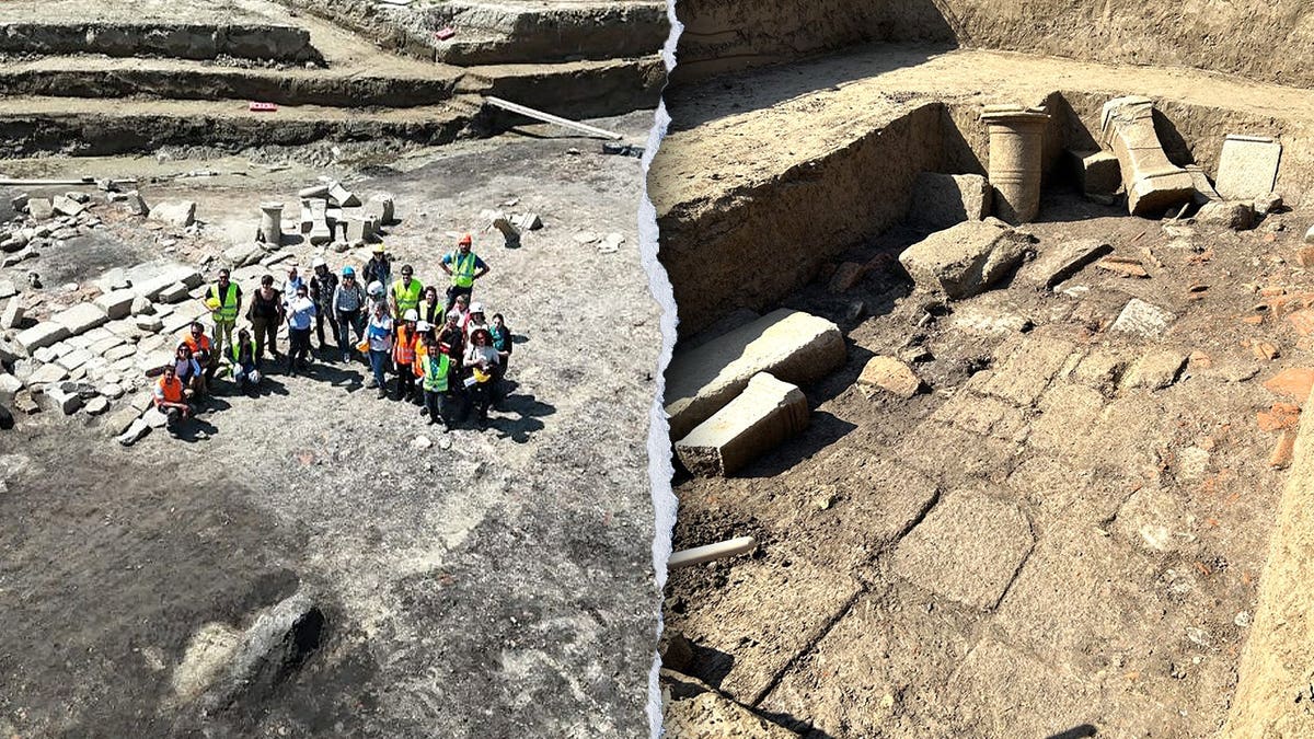 Split image of archaeologists on site, ancient temple remains
