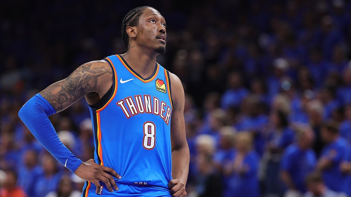 Jalen Williams looks on during an NBA game