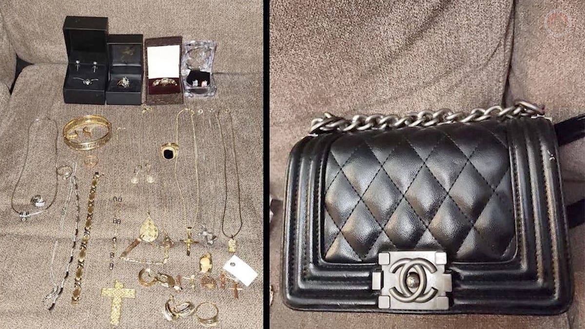 Jewellery, watches and a black Chanel handbag were exhibited as evidence in a theft investigation.