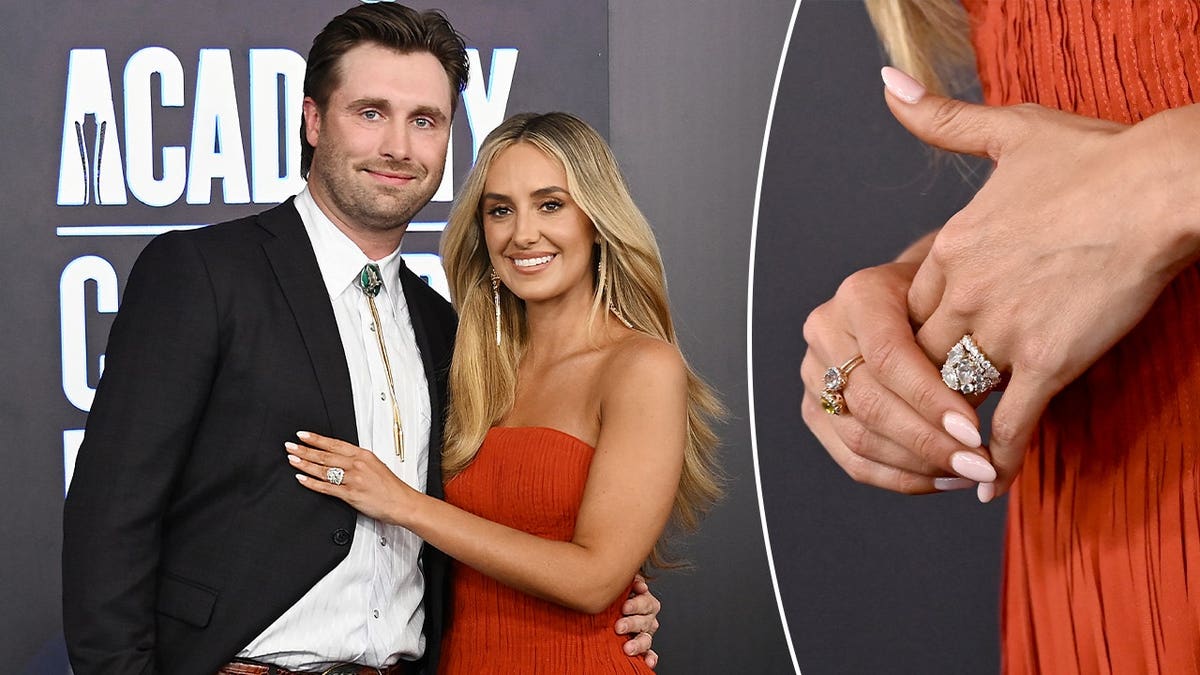 Split of Lainey Wilson and Duck Hodges next to her wedding ring.