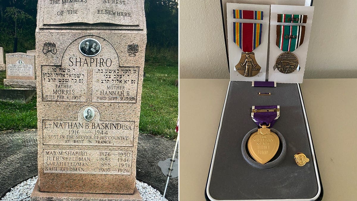 A headstone and military medals are shown in a split image