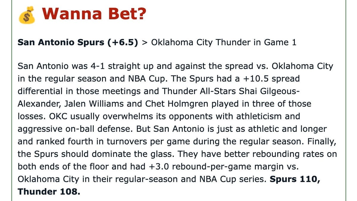 Geoff Clark's best bet for the San Antonio Spurs at Oklahoma City Thunder Game 1 in the 2026 Western Conference Finals Monday, May 18.