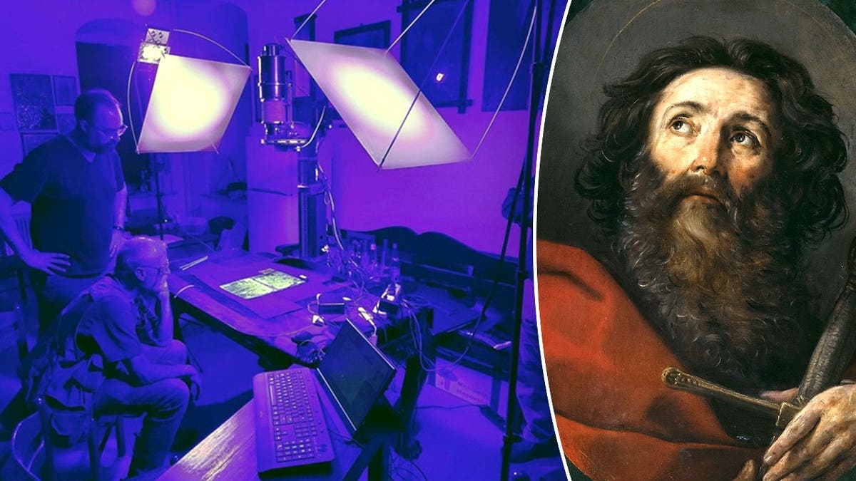 Split image of modern researchers working in lab, St Paul painting