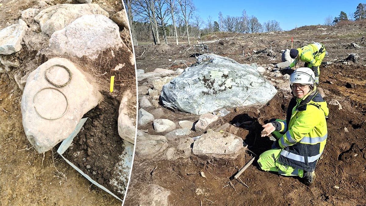 Split image of wendel rings, archaeologists smiling