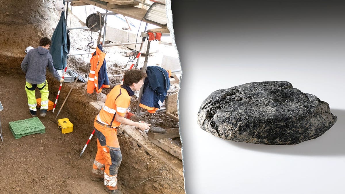Split image of excavators at site, Roman bread loaf