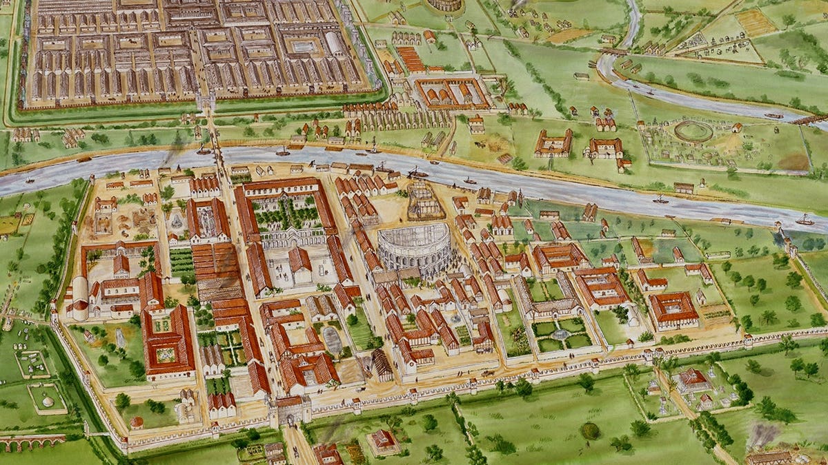Depiction of Roman York, birds' eye view of buildings