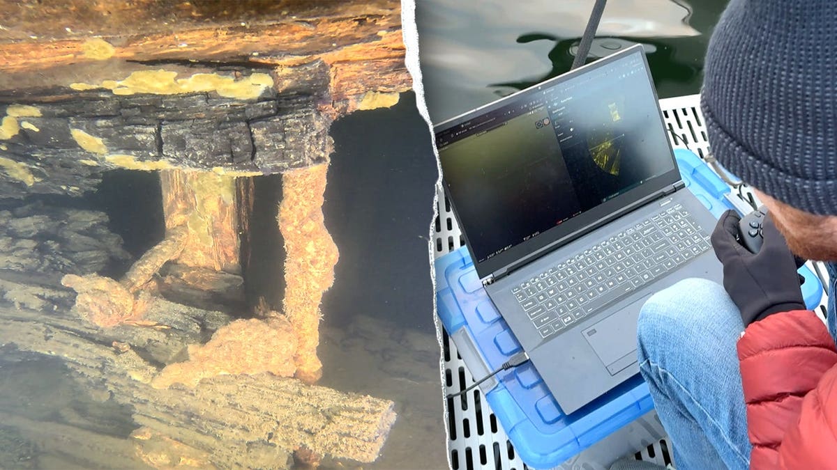 Split image of underwater wreck, analyst on computer