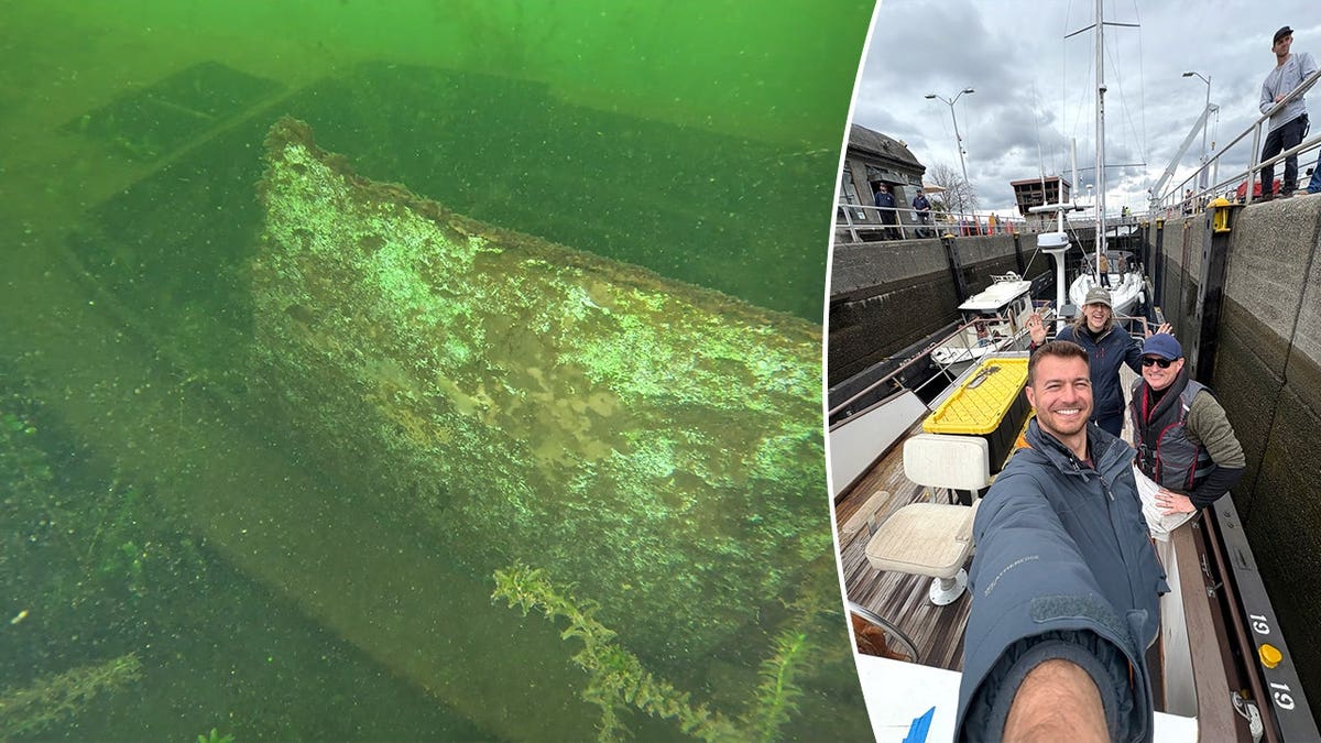Split image of underwater ship, Parisi taking a selfie with team