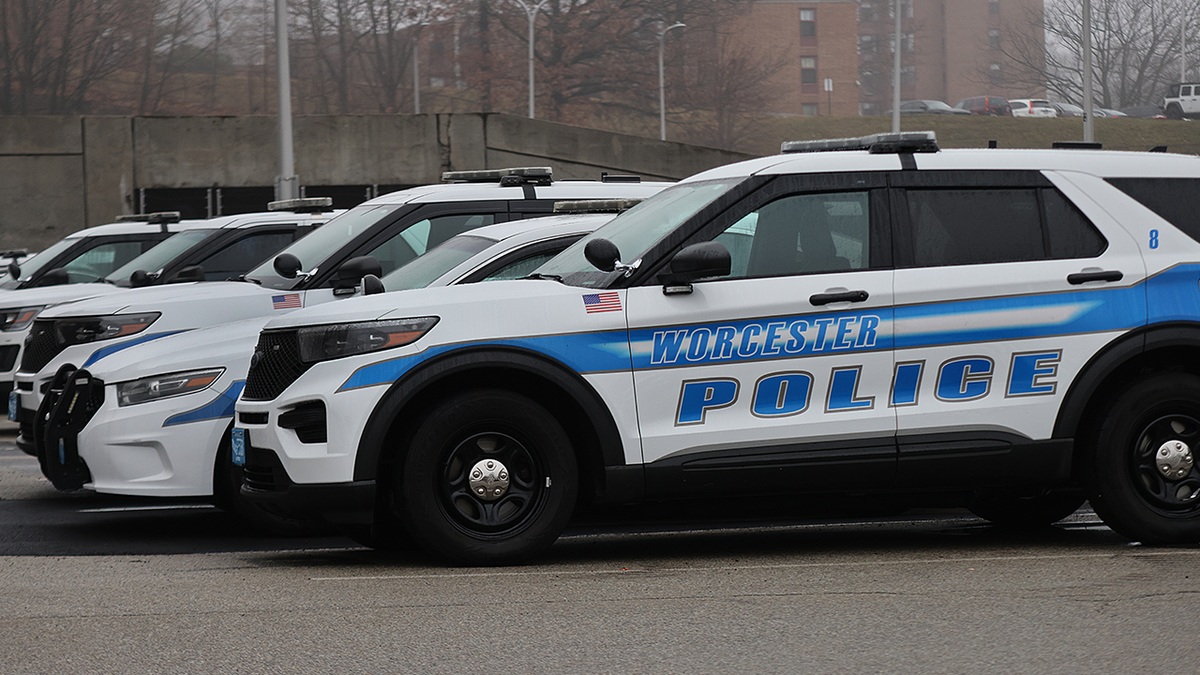 Police cars outside of the Worcester Police Headquarters in Worcester, MA.