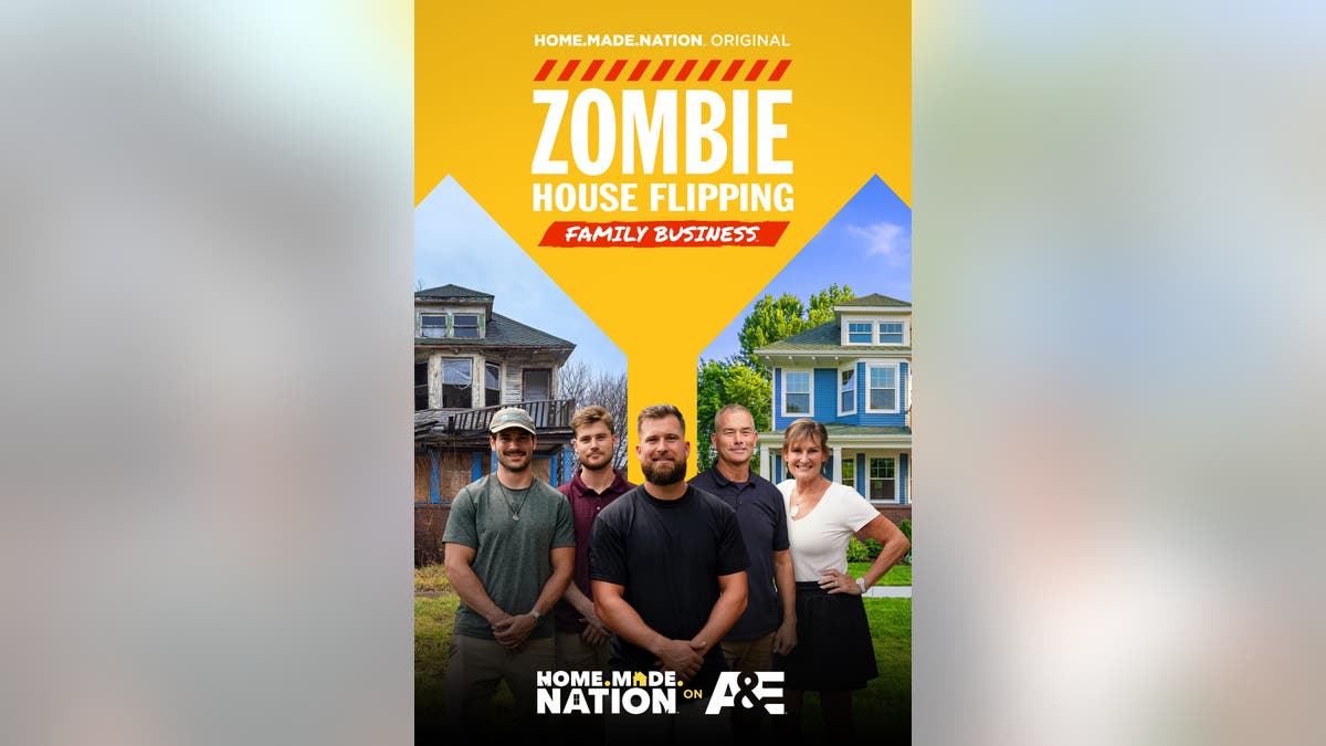Harr family stands between a rundown house and a renovated home on a TV series poster.