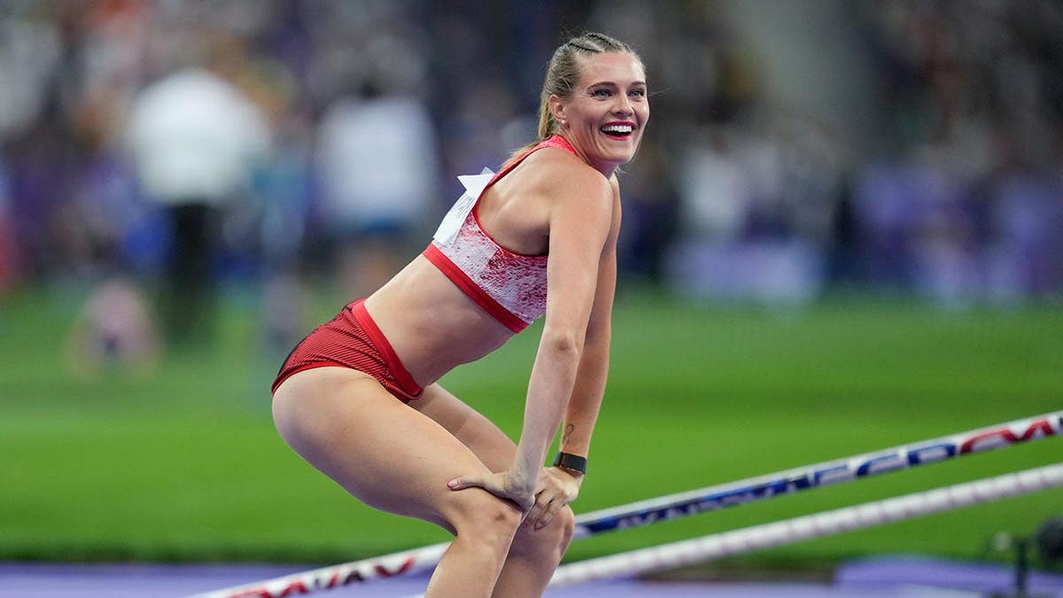 Alysha Newman of Team Canada celebrating a jump in women's pole vault final