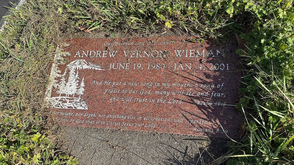Headstone of Andrew Wieman, a UC Davis student who died in 2001