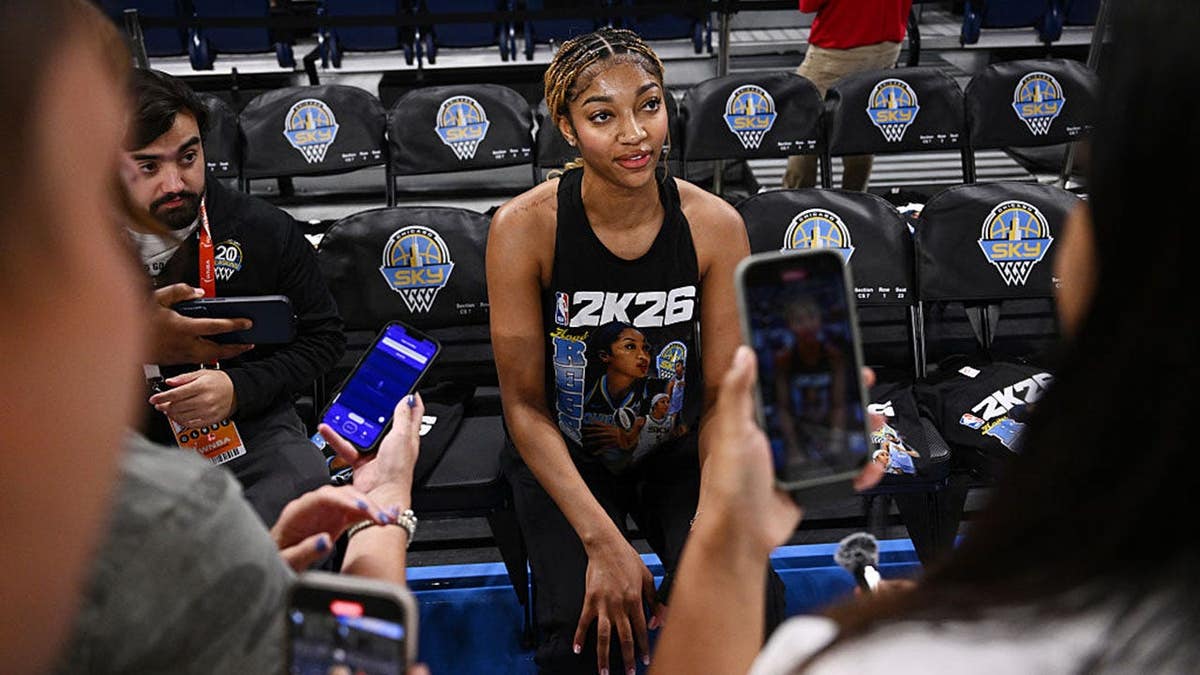 Angel Reese of the Chicago Sky being interviewed at Wintrust Arena in Chicago