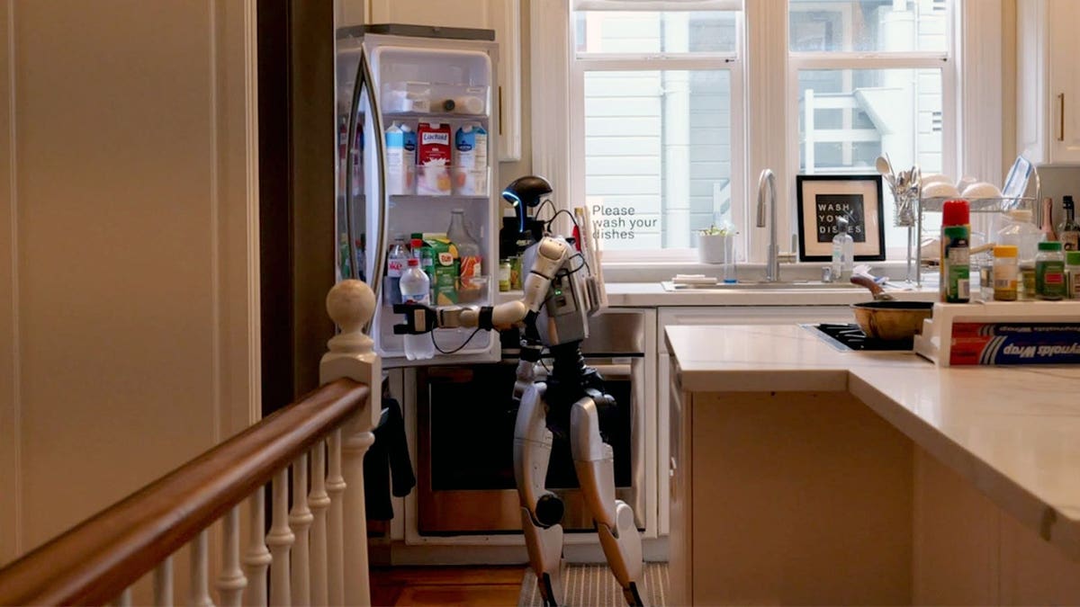 A humanoid robot looks into a fridge.